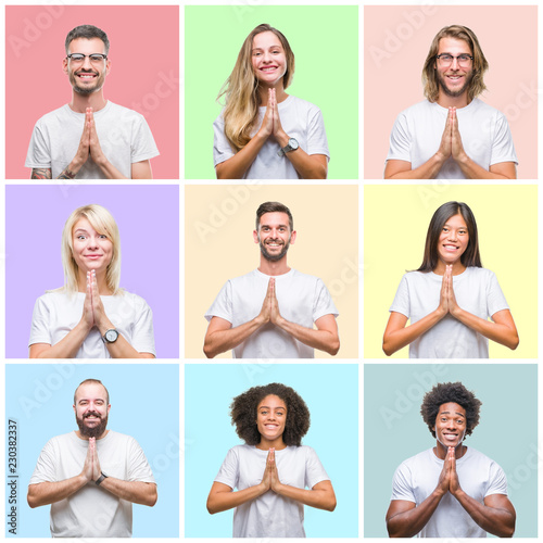 Collage of group people, women and men over colorful isolated background praying with hands together asking for forgiveness smiling confident.