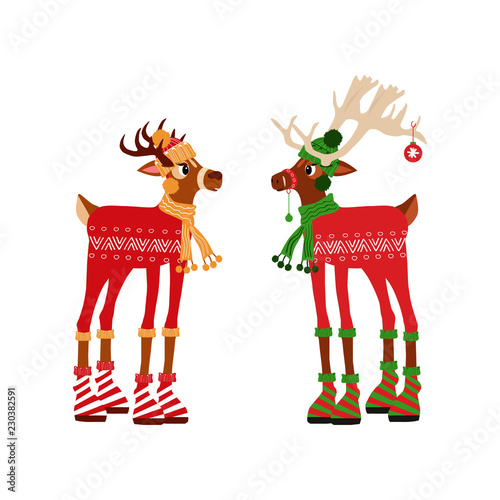 Cute two deer  character for christmas and new year holiday. Vector illustration  for presents, invitation, children room, nursery decor, t-shirt, banner, interior design.