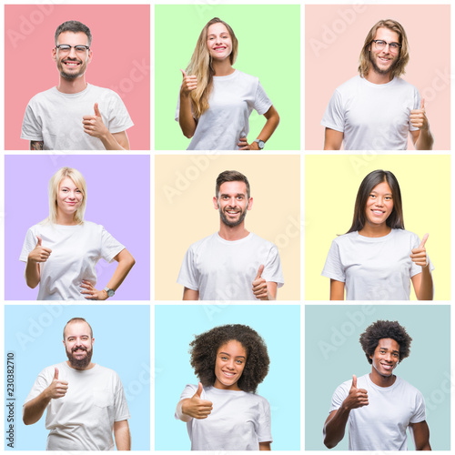 Collage of group people, women and men over colorful isolated background doing happy thumbs up gesture with hand. Approving expression looking at the camera showing success.