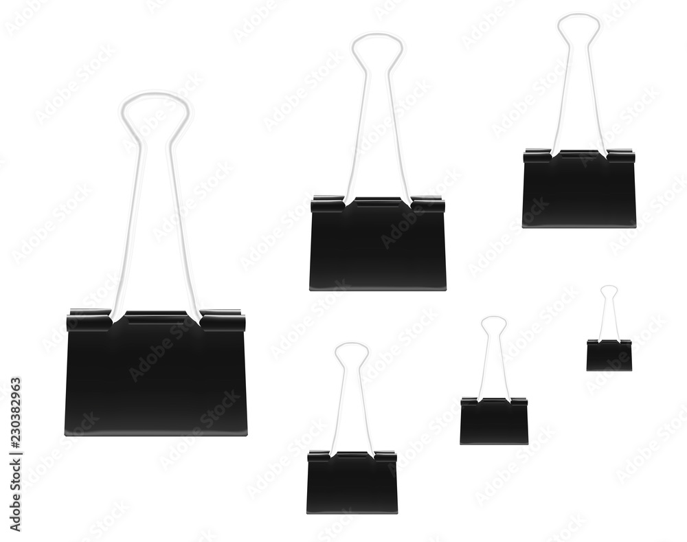Clamps for paper, black metal binder clips - various sizes vector set Clamps for paper, black metal binder clips - various sizes vector set