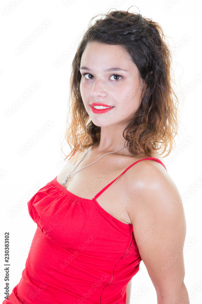 Portrait of young beautiful cute cheerful girl smiling looking at camera over white background Portrait of young beautiful cute cheerful girl smiling looking at camera over white background