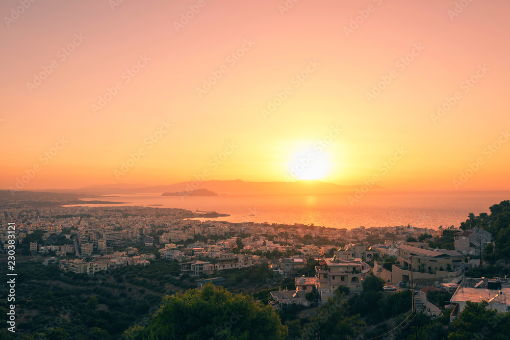 Panorama of the chania city on the sunset. Crete island, Greece 