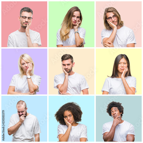 Collage of group people, women and men over colorful isolated background thinking looking tired and bored with depression problems with crossed arms.