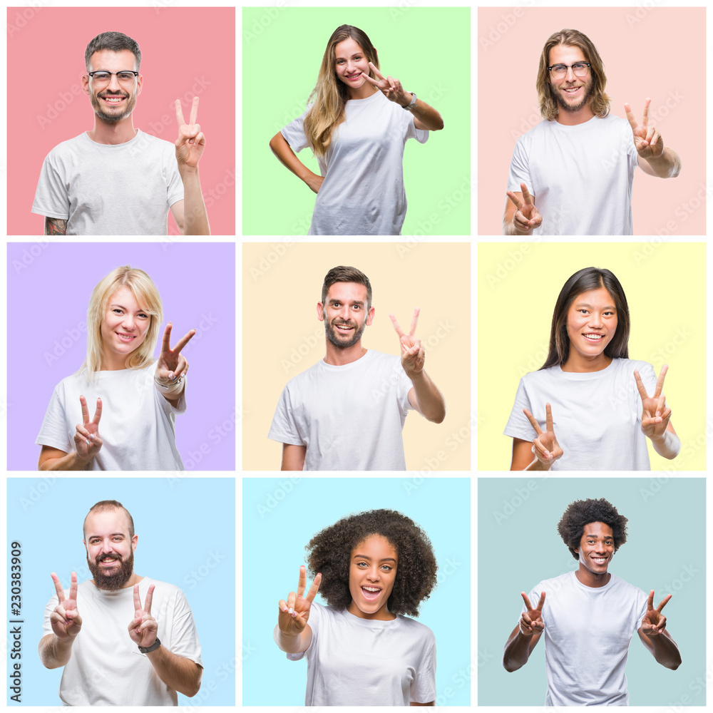 Collage of group people, women and men over colorful isolated background smiling looking to the camera showing fingers doing victory sign. Number two. Collage of group people, women and men over colorful isolated background smiling looking to the camera showing fingers doing victory sign. Number two.