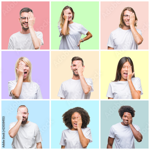 Collage of group people, women and men over colorful isolated background covering one eye with hand with confident smile on face and surprise emotion.