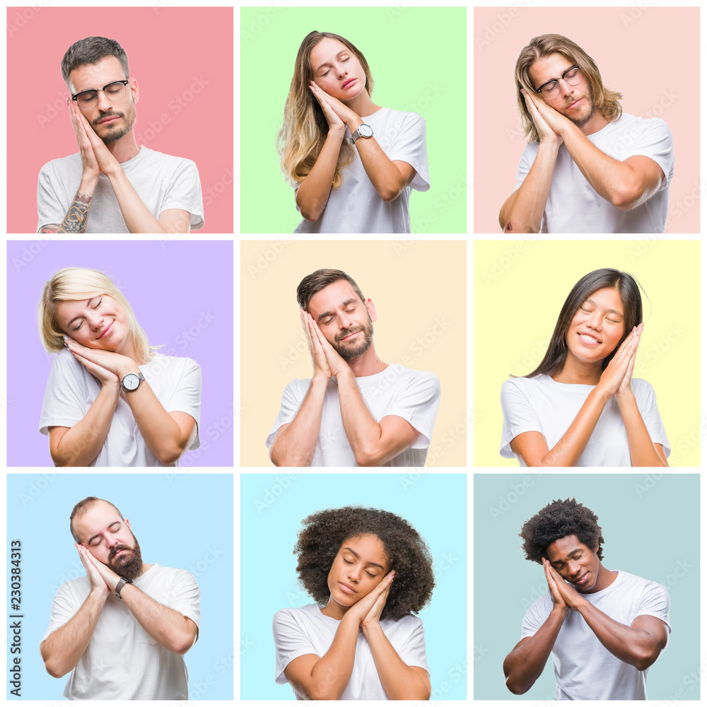 Collage of group people, women and men over colorful isolated background sleeping tired dreaming and posing with hands together while smiling with closed eyes. Collage of group people, women and men over colorful isolated background sleeping tired dreaming and posing with hands together while smiling with closed eyes.