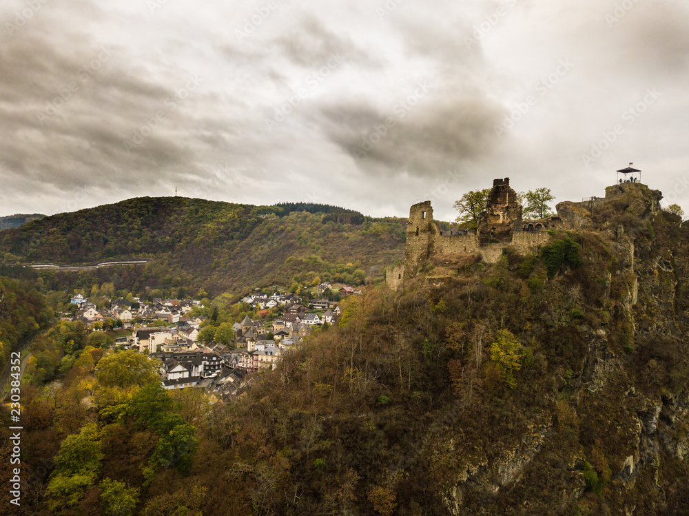 The City of Altenahr and the Burg Are Castle in the Eifel mountains from above / Rhineland Palatinate