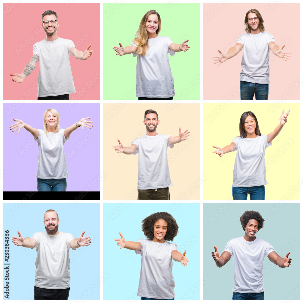 Collage of group people, women and men over colorful isolated background looking at the camera smiling with open arms for hug. Cheerful expression embracing happiness.