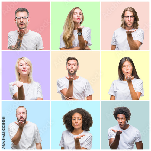 Collage of group people, women and men over colorful isolated background looking at the camera blowing a kiss with hand on air being lovely and sexy. Love expression.