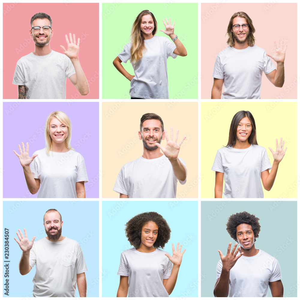 Collage of group people, women and men over colorful isolated background showing and pointing up with fingers number five while smiling confident and happy. Collage of group people, women and men over colorful isolated background showing and pointing up with fingers number five while smiling confident and happy.