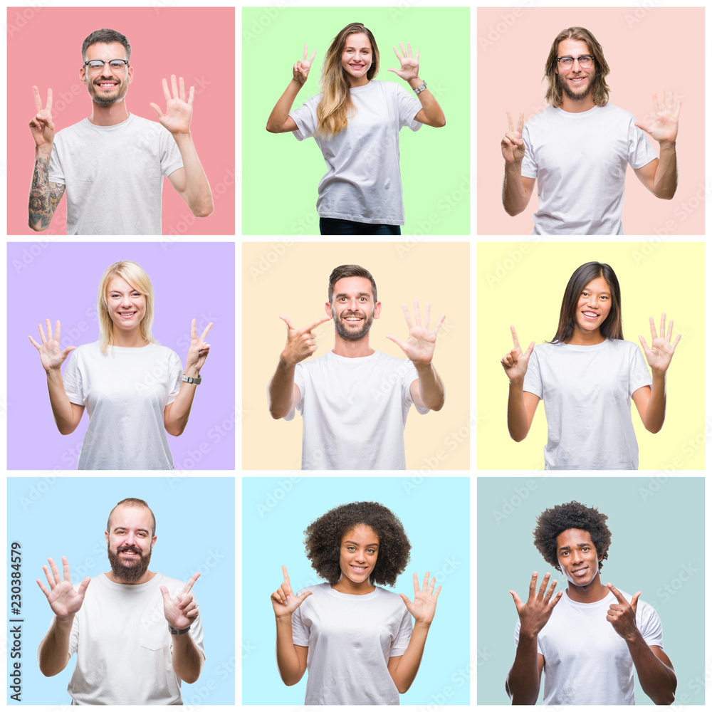 Collage of group people, women and men over colorful isolated background showing and pointing up with fingers number seven while smiling confident and happy. Collage of group people, women and men over colorful isolated background showing and pointing up with fingers number seven while smiling confident and happy.