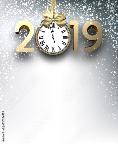 Grey 2019 New Year background with gold clock and snow.
