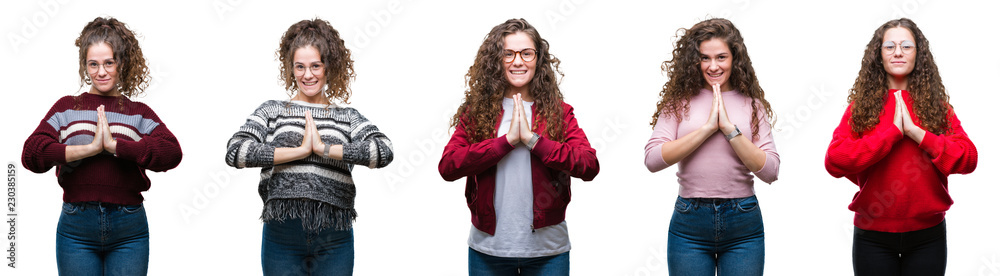 Collage of young brunette curly hair girl over isolated background praying with hands together asking for forgiveness smiling confident. Collage of young brunette curly hair girl over isolated background praying with hands together asking for forgiveness smiling confident.