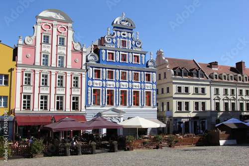 Buildings of Szczecin old town, west Poland, with renovated city market architecture.