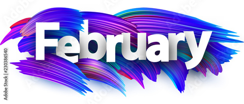 February banner with blue brush strokes.