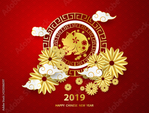 Happy chinese new year 2019 banner card pig gold vector graphic and background