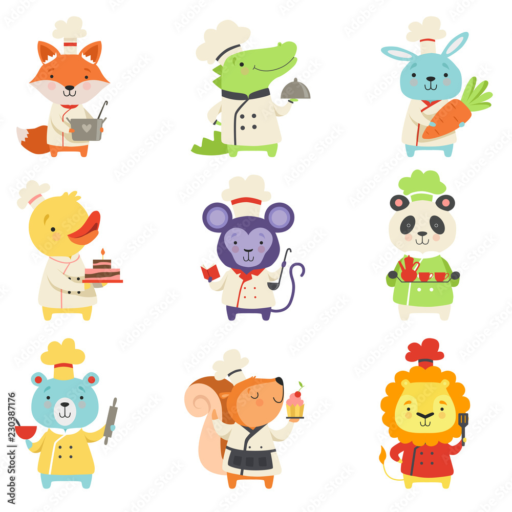 Cute animals in chef uniform set, lovely cartoon pets characters cooking delicious dishes vector Illustration on a white background