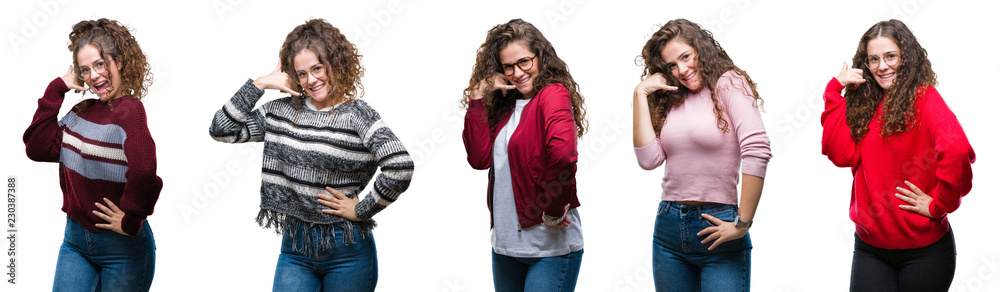 Collage of young brunette curly hair girl over isolated background smiling doing phone gesture with hand and fingers like talking on the telephone. Communicating concepts. Collage of young brunette curly hair girl over isolated background smiling doing phone gesture with hand and fingers like talking on the telephone. Communicating concepts.