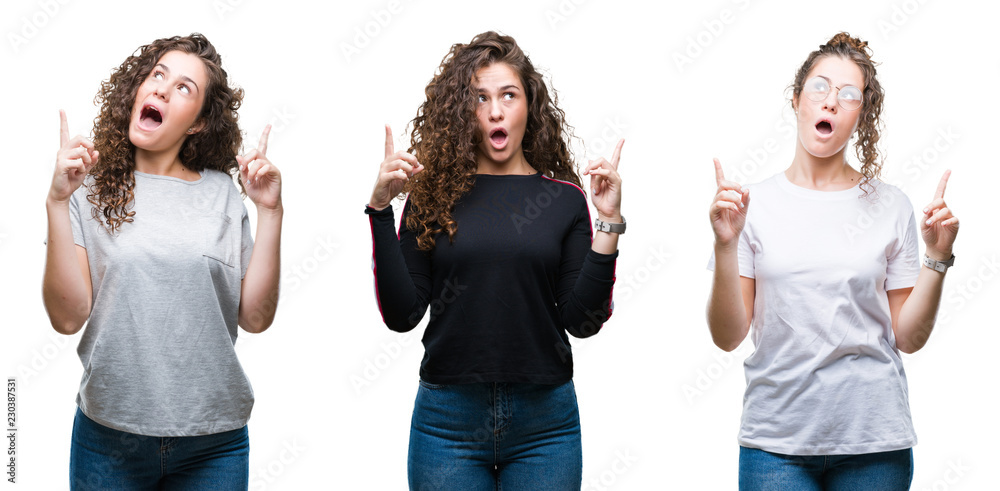 Collage of young brunette curly hair girl over isolated background amazed and surprised looking up and pointing with fingers and raised arms. Collage of young brunette curly hair girl over isolated background amazed and surprised looking up and pointing with fingers and raised arms.