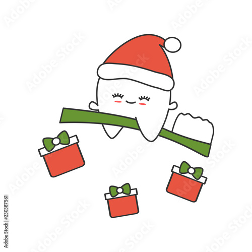 cute cartoon tooth with santa hat flying on toothbrush funny christmas vector illustration