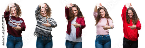 Collage of young brunette curly hair girl over isolated background smiling making frame with hands and fingers with happy face. Creativity and photography concept.
