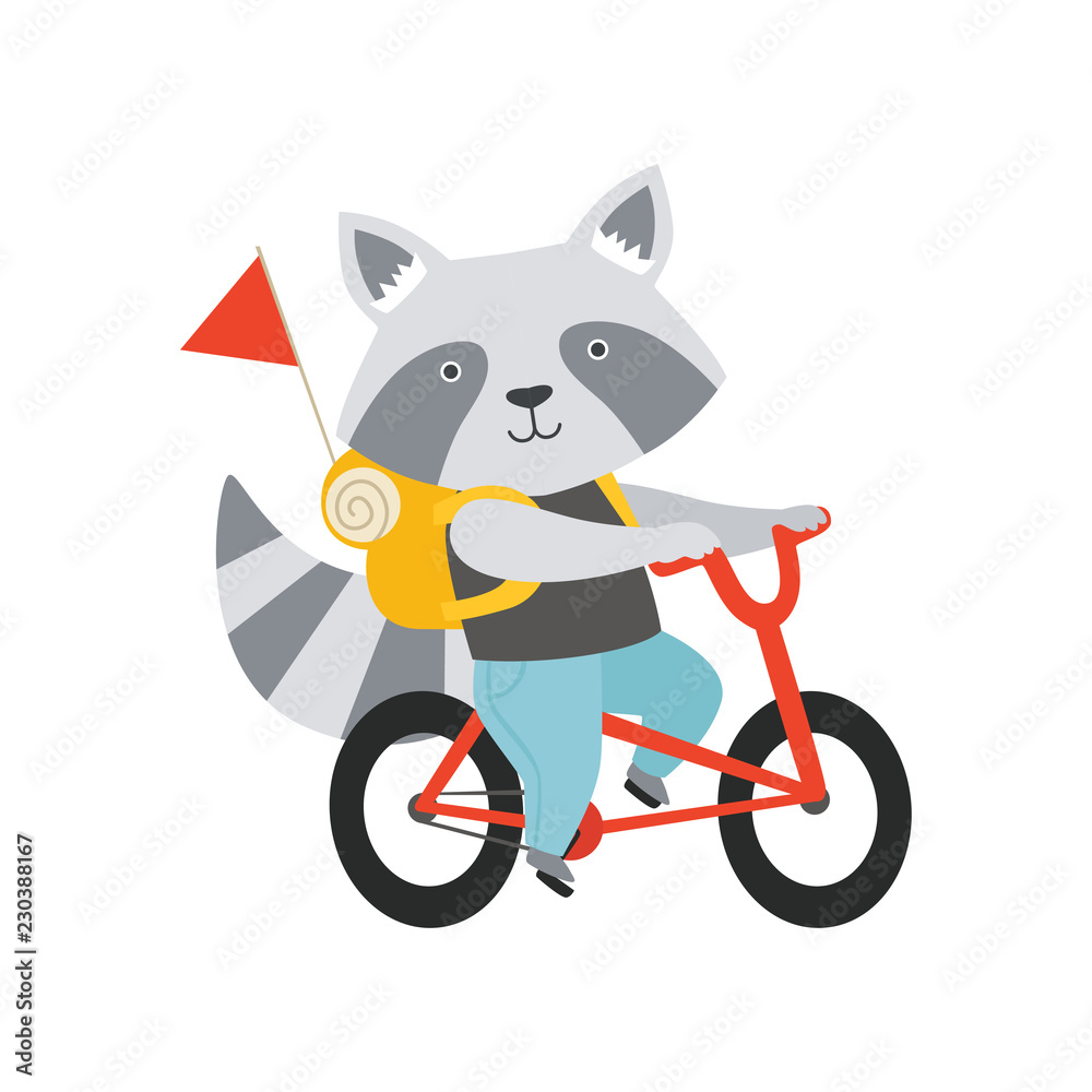 Cheerful raccoon riding a bike with a backpack, cute animal cartoon  character travelling on summer vacation vector Illustration on a white  background Stock Vector | Adobe Stock