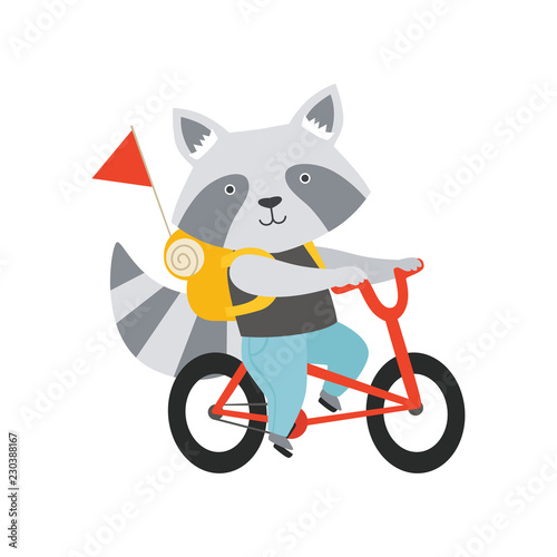 Cheerful raccoon riding a bike with a backpack, cute animal cartoon character travelling on summer vacation vector Illustration on a white background