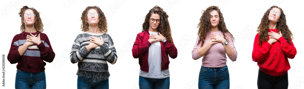 Collage of young brunette curly hair girl over isolated background smiling with hands on chest with closed eyes and grateful gesture on face. Health concept. Collage of young brunette curly hair girl over isolated background smiling with hands on chest with closed eyes and grateful gesture on face. Health concept.