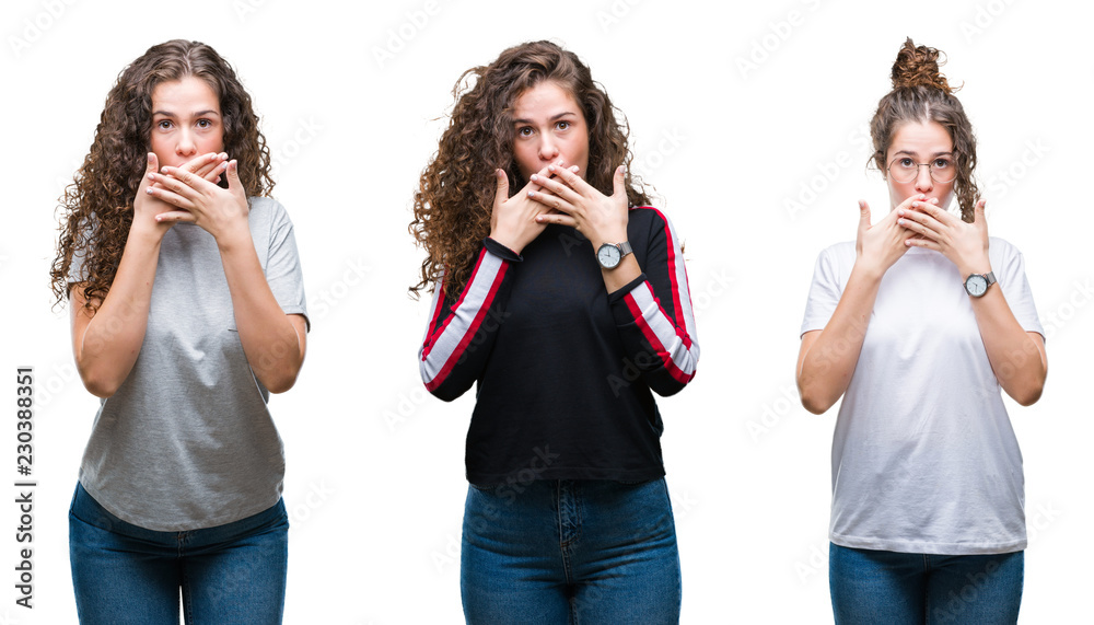 Collage of young brunette curly hair girl over isolated background shocked covering mouth with hands for mistake. Secret concept. Collage of young brunette curly hair girl over isolated background shocked covering mouth with hands for mistake. Secret concept.