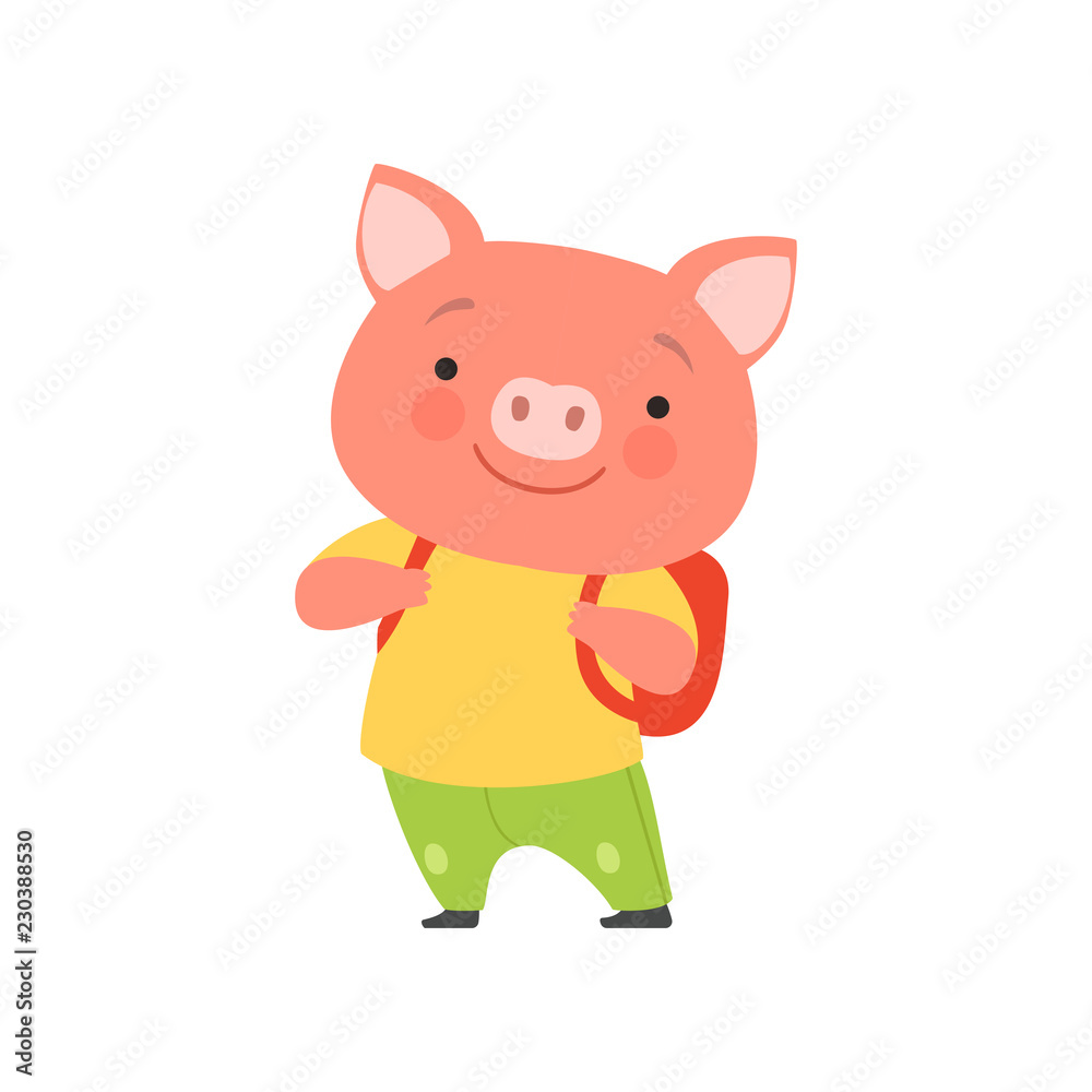 Cheerful tourist pig with backpack, cute animal cartoon character travelling on summer vacation vector Illustration on a white background Cheerful tourist pig with backpack, cute animal cartoon character travelling on summer vacation vector Illustration on a white background