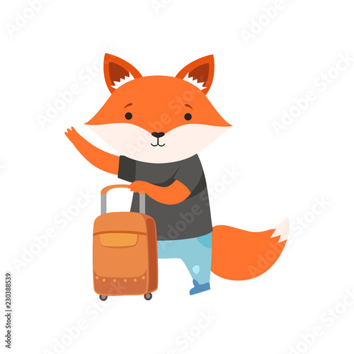 Cheerful tourist fox hitchhiking, cute animal cartoon character travelling on summer vacation vector Illustration on a white background
