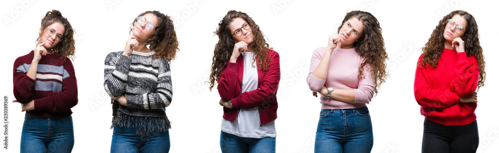 Collage of young brunette curly hair girl over isolated background with hand on chin thinking about question, pensive expression. Smiling with thoughtful face. Doubt concept. Collage of young brunette curly hair girl over isolated background with hand on chin thinking about question, pensive expression. Smiling with thoughtful face. Doubt concept.