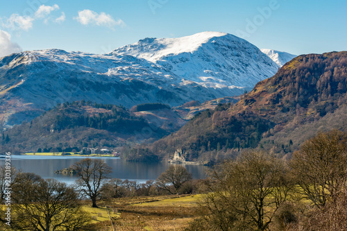 Ullswater with snow capped mountains, Lake District National Park, UK