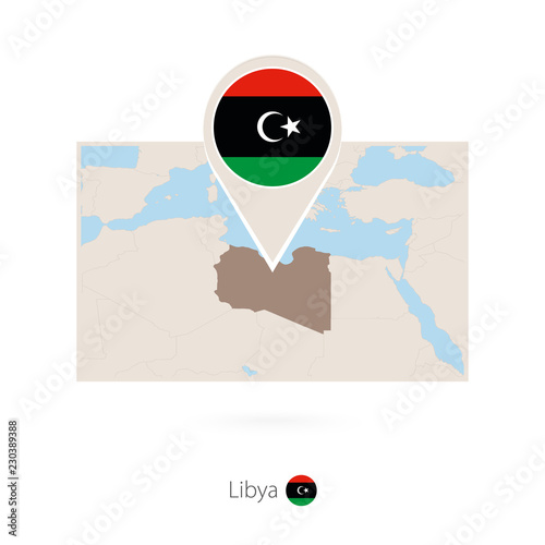 Rectangular map of Libya with pin icon of Libya