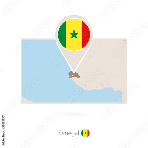 Rectangular map of Senegal with pin icon of Senegal