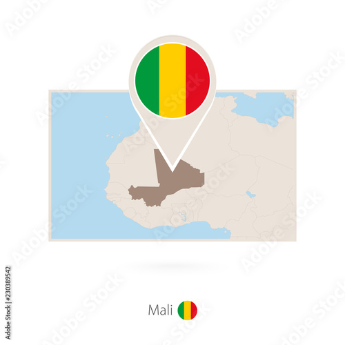 Rectangular map of Mali with pin icon of Mali