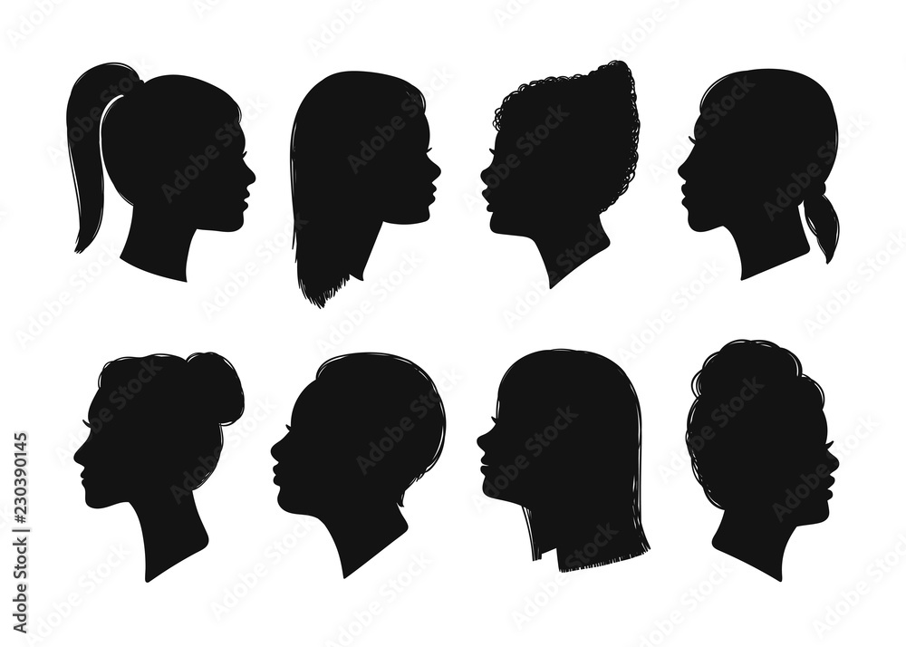 Various women faces silhouettes. Hand drawn vector set. All elements are isolated