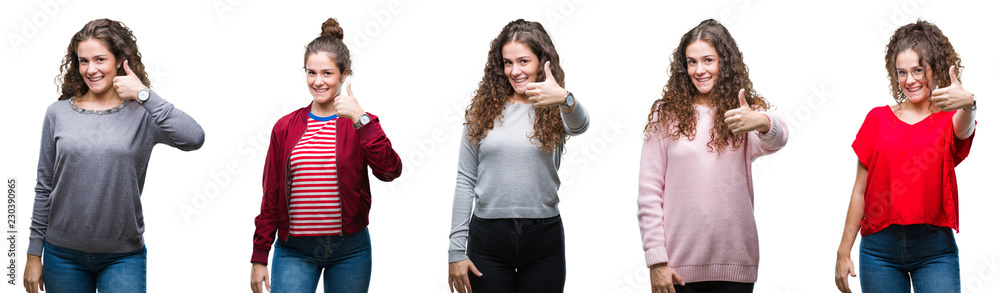 Collage of young brunette curly hair girl over isolated background doing happy thumbs up gesture with hand. Approving expression looking at the camera with showing success. Collage of young brunette curly hair girl over isolated background doing happy thumbs up gesture with hand. Approving expression looking at the camera with showing success.