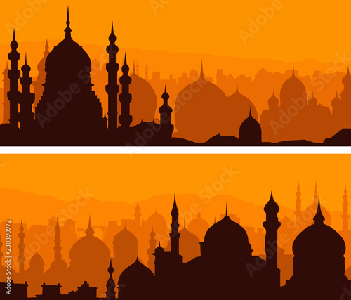 Horizontal banners of big eastern city at sunset.