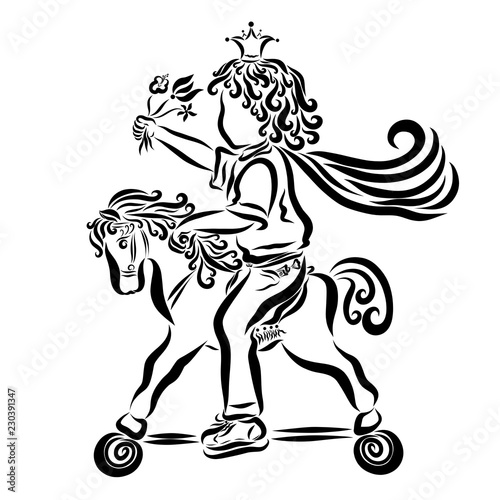 Little prince on a horse with wheels  a bouquet of flowers and candy