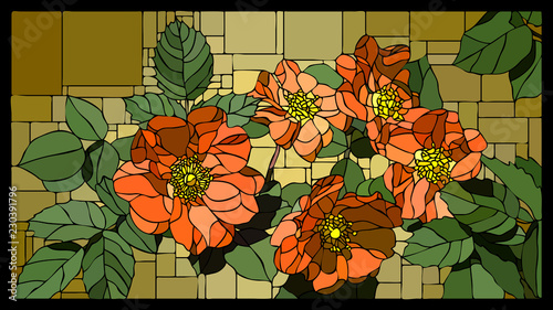 Vector stained glass window with blooming dog rose with buds.