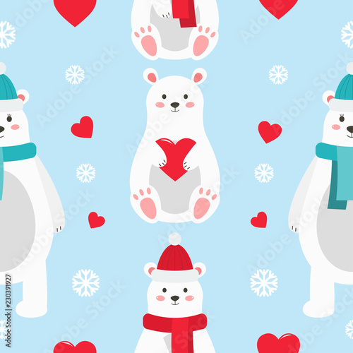Seamless pattern with a polar bear and his mom. Mothers day. Valentine's Day. Flat cartoon style. Vector illustration.