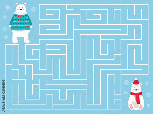 Christmas maze game for children. Help the mother bear find her Polar bear baby. Cute cartoon characters. Preschool educational game. Vector illustration.