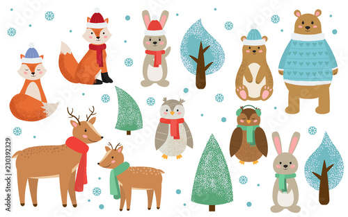 Set of winter forest animals dressed in clothes. Cute cartoon fox, rabbit, bear, deer, owl and trees. Christmas set. Kids style flat vector illustration.