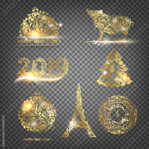 Xmas elements collection. Merry christmas label with swirl design elements set. Happy new year collection. Vector illustration.