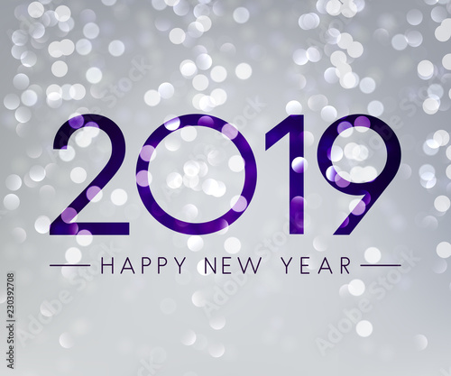 Silver shiny Happy New Year 2019 card with bokeh background.