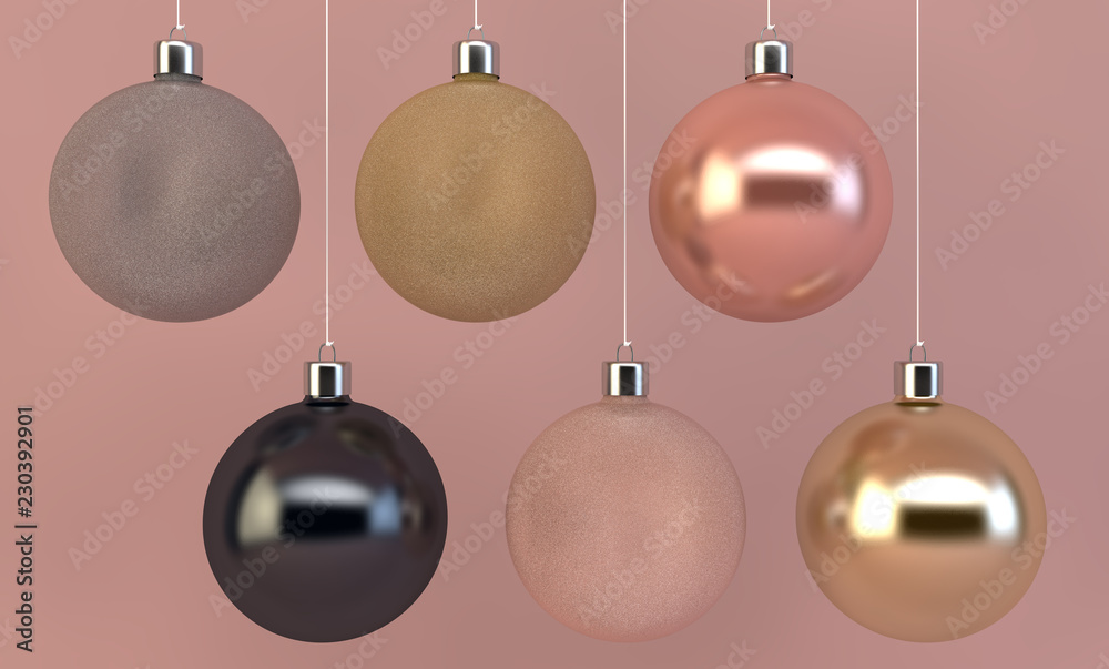 six christmas balls hanging on pink background