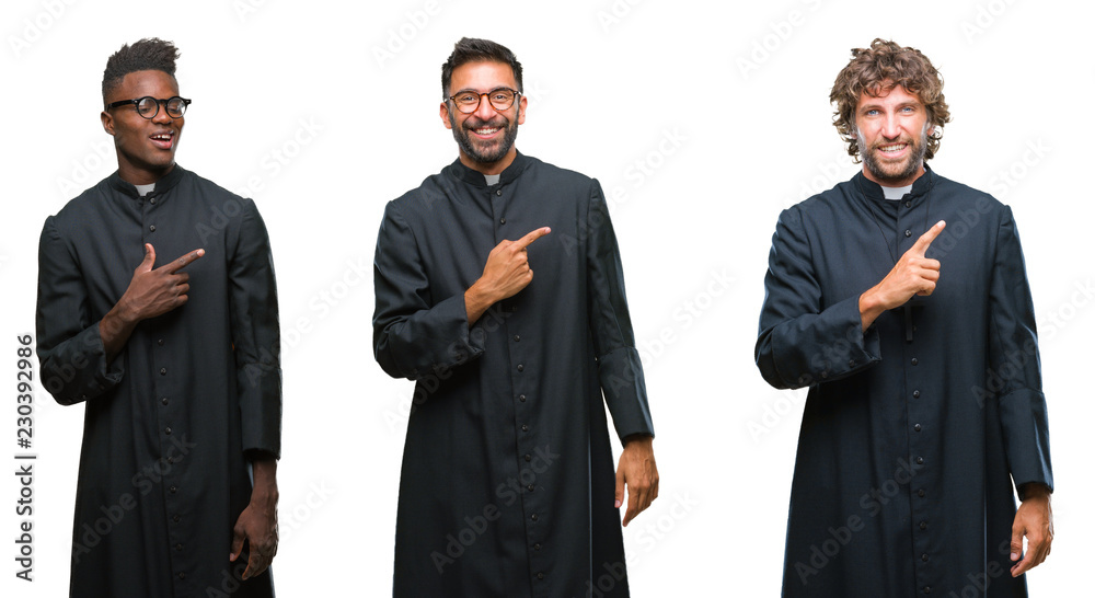 Collage of christian priest men over isolated background cheerful with a smile of face pointing with hand and finger up to the side with happy and natural expression on face looking at the camera. Collage of christian priest men over isolated background cheerful with a smile of face pointing with hand and finger up to the side with happy and natural expression on face looking at the camera.