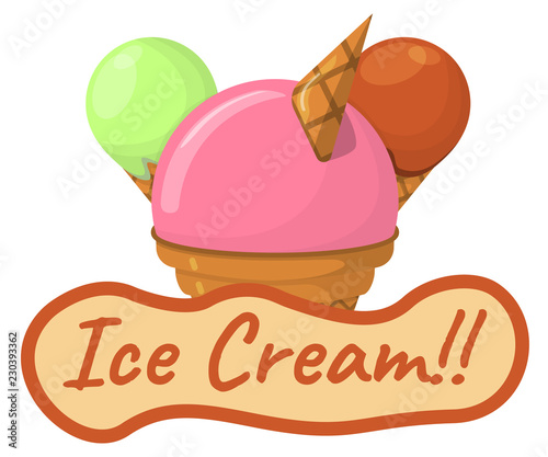 Ice Cream Concept and Logo. Summer Sandae Label. Cartoon Vector Illustration photo