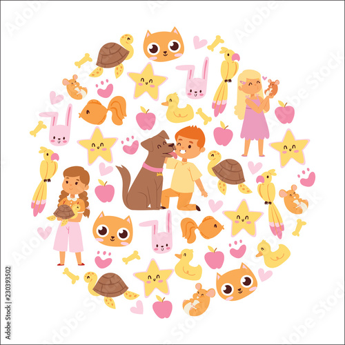 Fototapeta Naklejka Na Ścianę i Meble -  Animals friendship background with kids characters and little pets vector illustration.